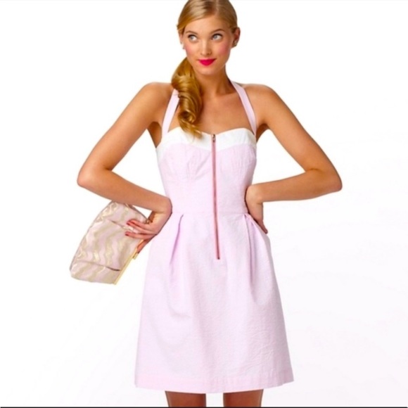 Lilly Pulitzer Marisa Seersucker Pink Halter Mini Dress Summer Striped Zipper - Picture 12 of 12